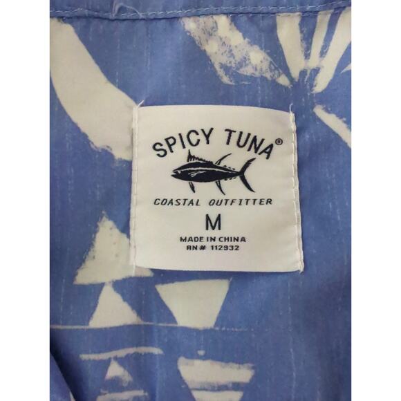 SPICY TUNA Blue White Button Up Collar Tropical Aloha Hawaiian Shirt Mens Meduim - Picture 2 of 7